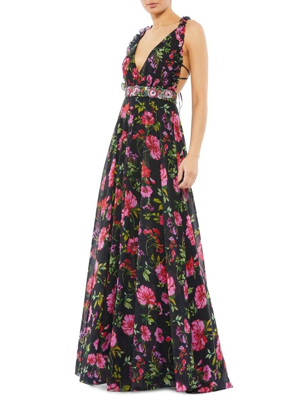 Mac Duggal NWT Embellished Belt Floral Flared Gown Dress Halter Wedding Guest
